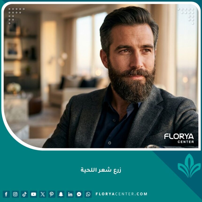 رجل وسيم بلحية كثيفة ومرتبة تمامًا بعد عملية زراعة شعر اللحية الناجحة، مظهر طبيعي وجذاب.