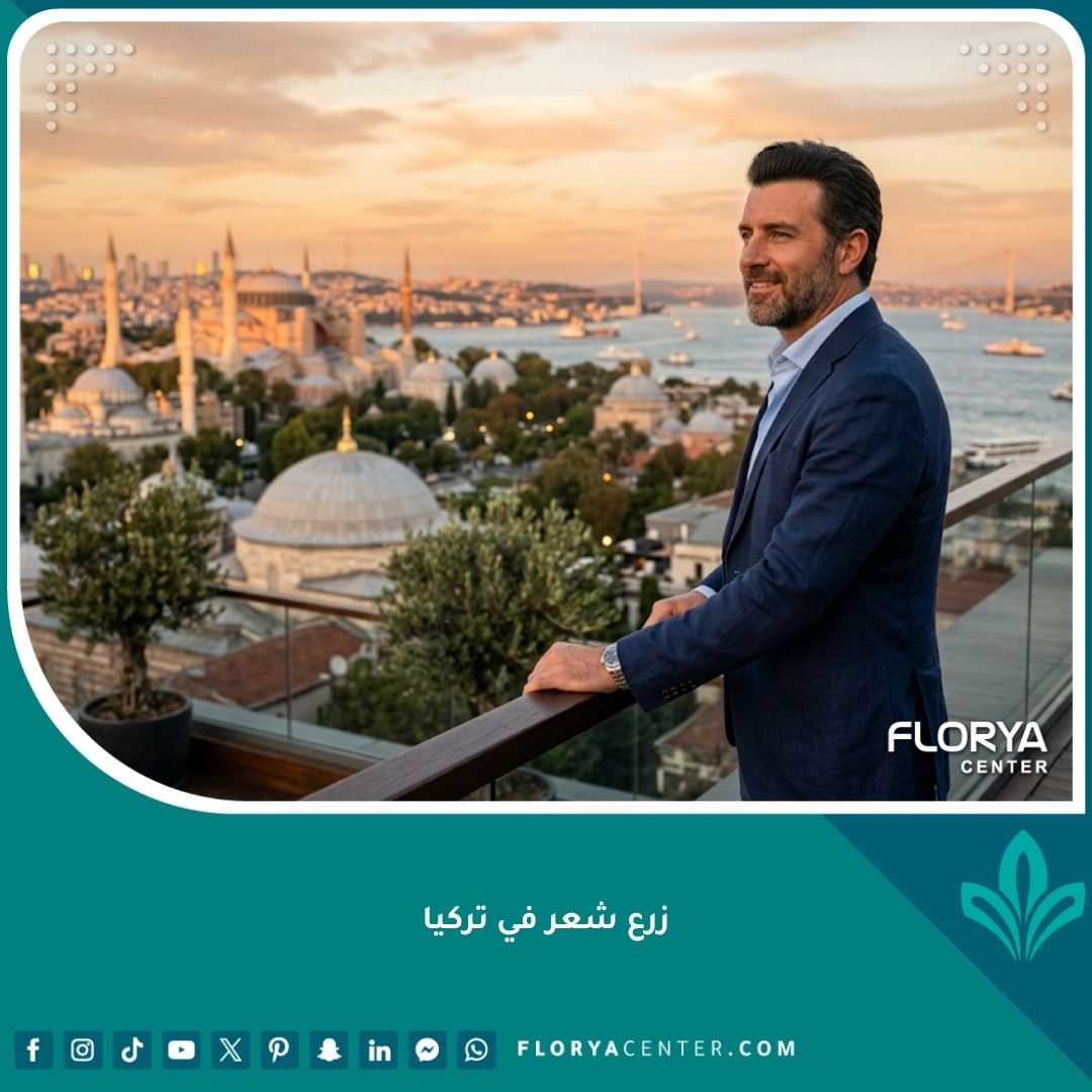 رجل ذو شعر كثيف ومظهر طبيعي ينظر إلى أفق مدينة إسطنبول والبوسفور، يرمز لنجاح عملية زرع شعر في تركيا.