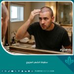 مريض قلق يلمس خط الشعر المزروع حديثاً بيده أمام المرآة، يظهر علامات صدمة تساقط الشعر المؤقتة وبداية سقوط الشعر المزروع.