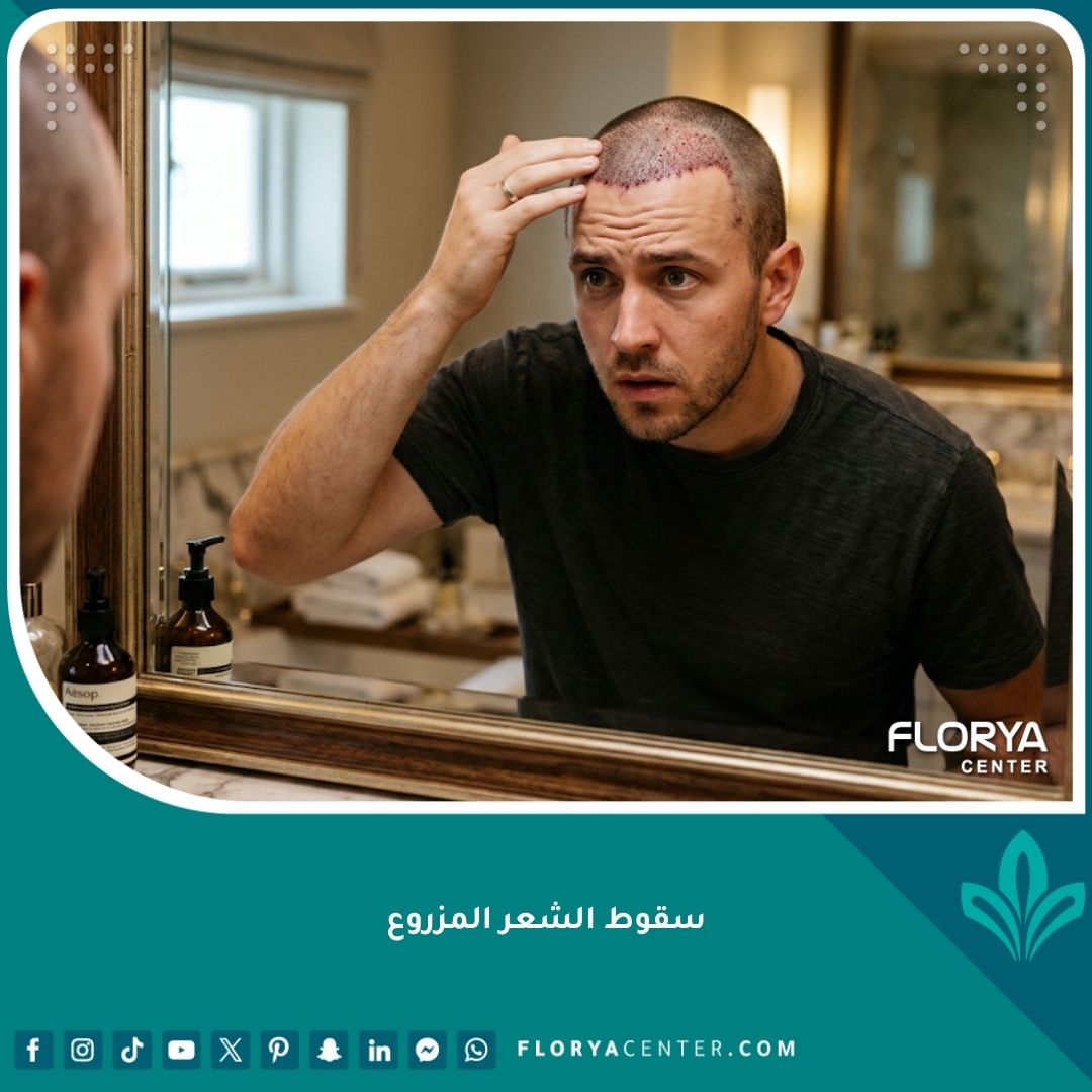 مريض قلق يلمس خط الشعر المزروع حديثاً بيده أمام المرآة، يظهر علامات صدمة تساقط الشعر المؤقتة وبداية سقوط الشعر المزروع.