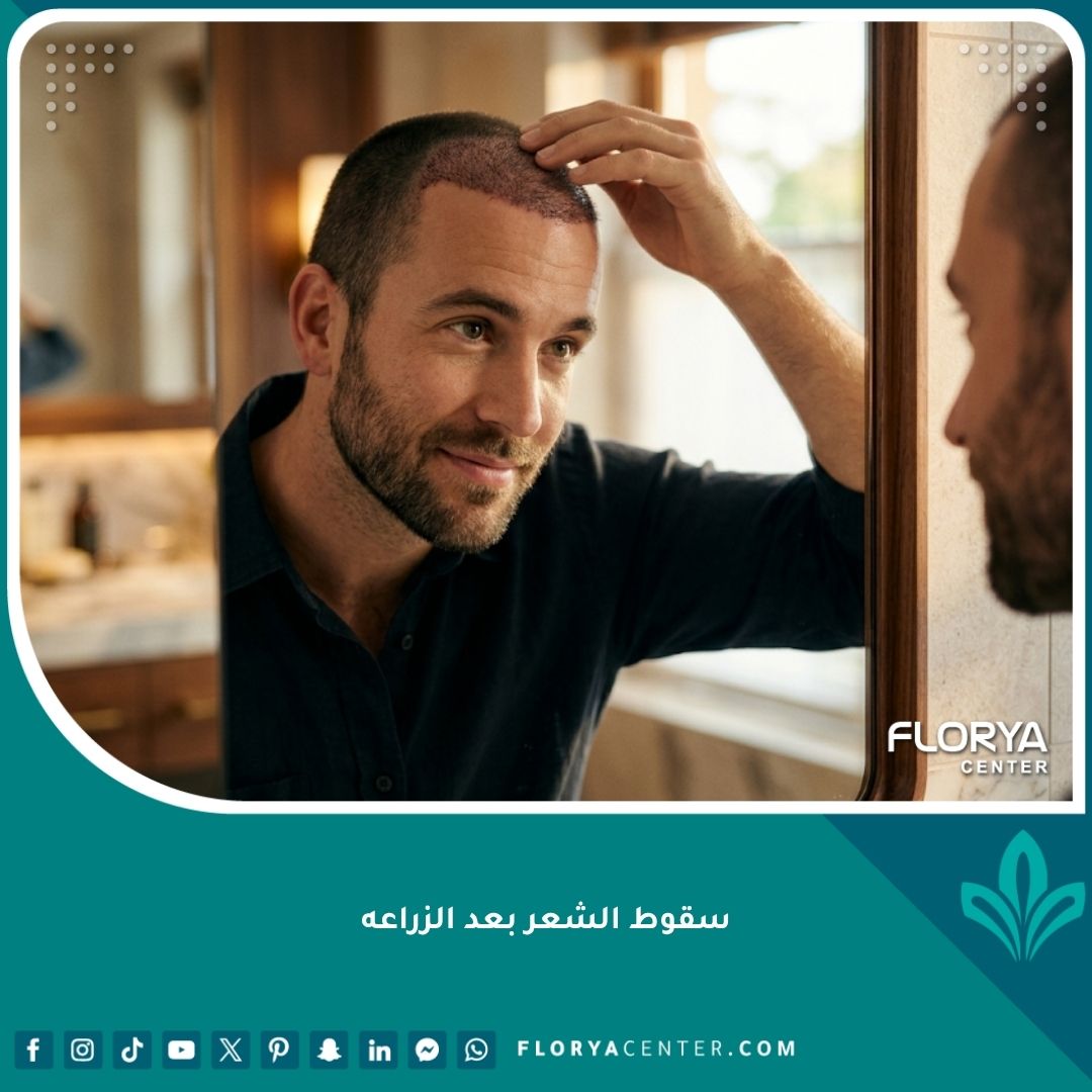 صورة واقعية لرجل ينظر للأمام بتفاؤل بعد عملية زراعة الشعر، يلمس فروة رأسه بلطف في مرحلة التساقط المؤقت، إضاءة سينمائية دافئة.