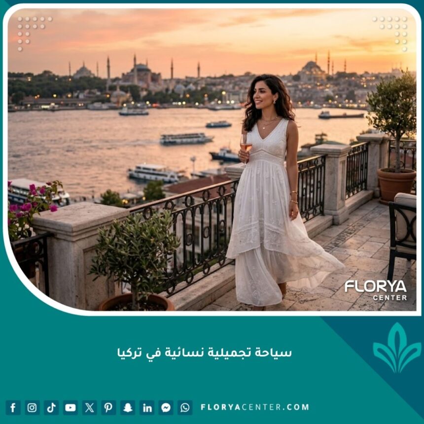 سياحة تجميلية نسائية في تركيا: امرأة سعيدة وواثقة تطل على البوسفور واسطنبول بعد الخضوع لعملية تجميلية ناجحة.