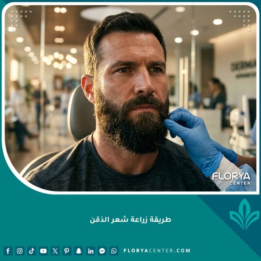 صورة مقربة سينمائية تظهر نتيجة نهائية ناجحة وطبيعية لعملية زراعة شعر الذقن لرجل في عيادة تجميل.