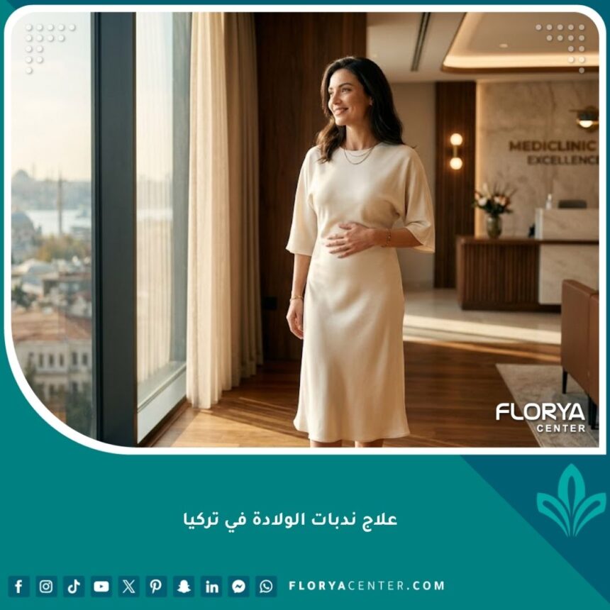 واجهة مقال علاج ندبات الولادة في تركيا تظهر الثقة والجمال بعد الإجراء التجميلي.
