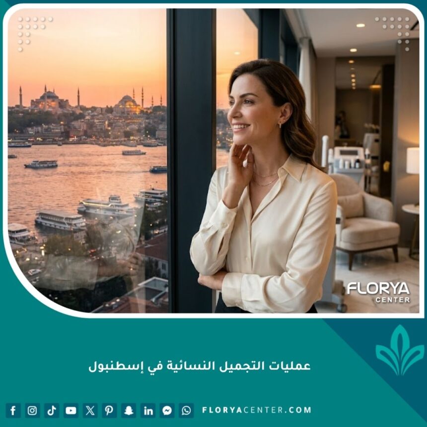 صورة بارزة لامرأة أنيقة بعد عملية تجميلية ناجحة في إسطنبول، مع إطلالة بانورامية ساحرة على البوسفور ومساجد المدينة وقت الغروب، تجسد التجدد والثقة.