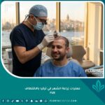 صورة سينمائية لعملية زراعة الشعر بالاقتطاف FUE في تركيا تظهر طبيبًا محترفًا ومريضًا مبتسمًا مع إطلالة على البوسفور في اسطنبول.
