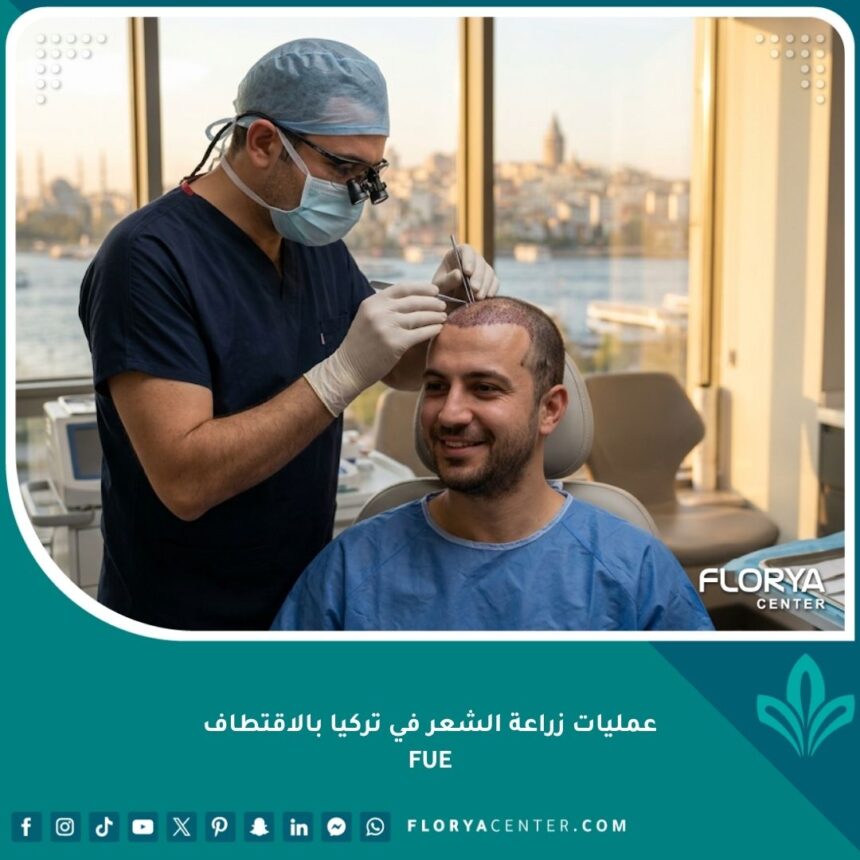 صورة سينمائية لعملية زراعة الشعر بالاقتطاف FUE في تركيا تظهر طبيبًا محترفًا ومريضًا مبتسمًا مع إطلالة على البوسفور في اسطنبول.