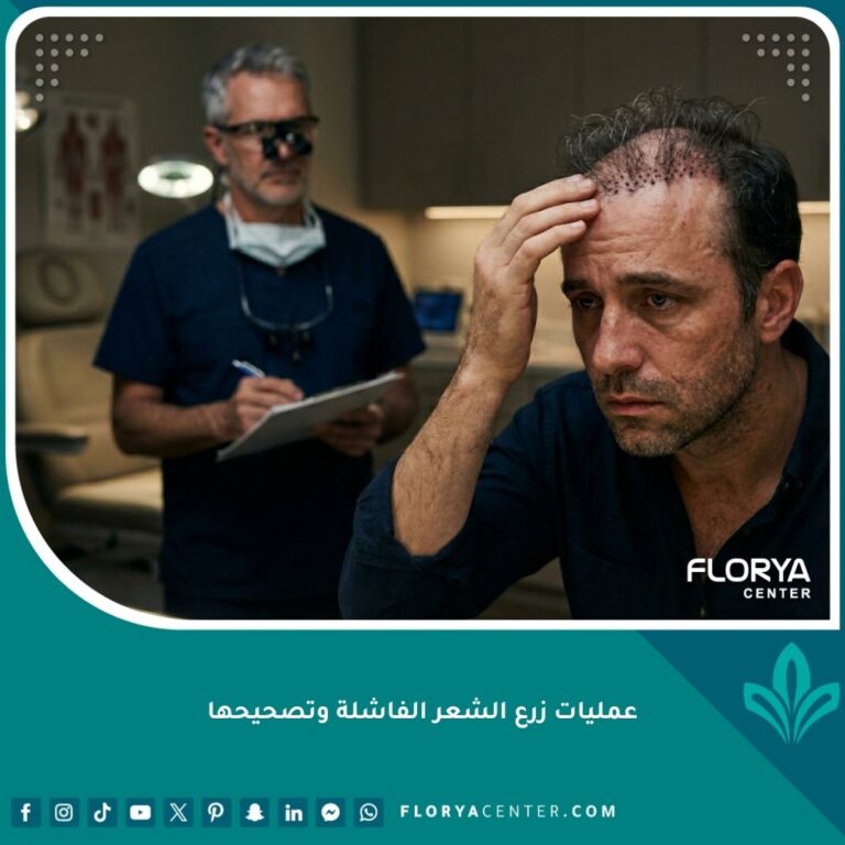 رجل ينظر بأسى في المرآة إلى خط شعر اصطناعي (مظهر شعر الدمية) ناتج عن عملية زرع شعر فاشلة، وبجانبه طبيب خبير يستعد لعملية التصحيح في اسطنبول.