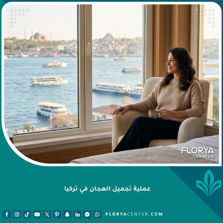 واجهة مقال عملية تجميل العجان في تركيا تظهر امرأة واثقة في مركز طبي فاخر بإسطنبول.