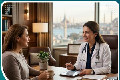 صورة واجهة لعملية ترميم الغشاء في تركيا تظهر طبيبة مختصة داخل عيادة طبية فاخرة في إسطنبول.