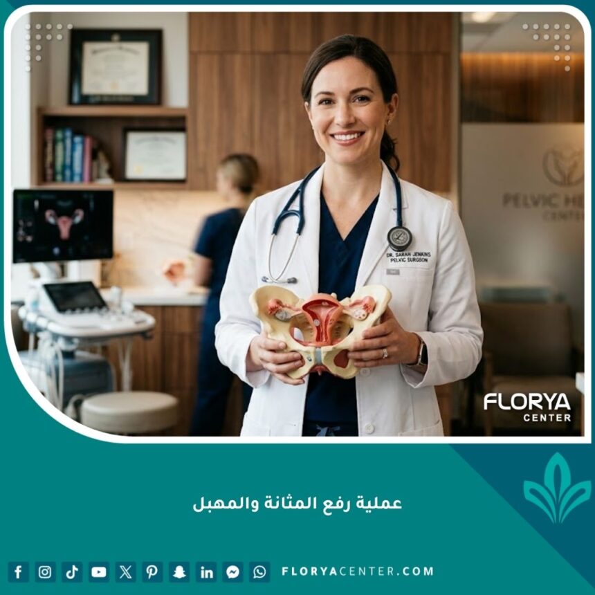 عملية رفع المثانة والمهبل 1 طبيبة متخصصة تشرح عملية رفع المثانة والمهبل باستخدام نموذج طبي في عيادة حديثة.