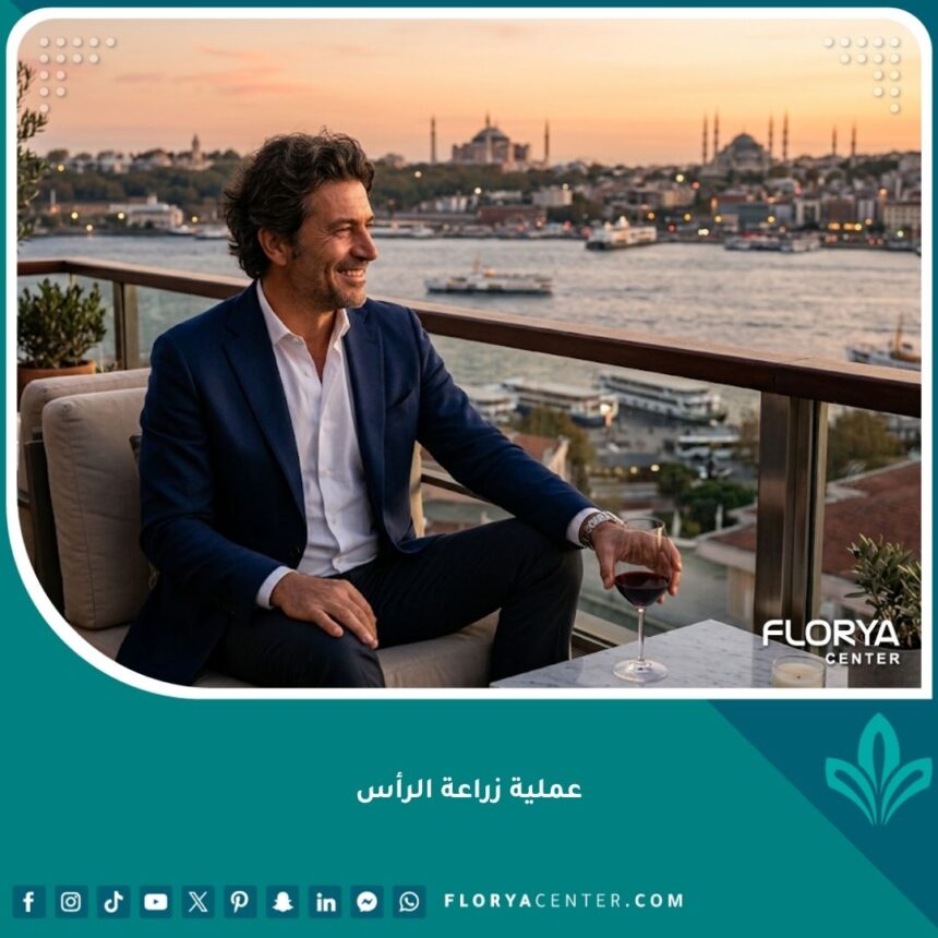 رجل واثق بنتائج زراعة الشعر الكاملة في إسطنبول، يطل على مضيق البوسفور والآيا صوفيا وقت الغروب. تجربة ناجحة لزراعة الشعر في تركيا.