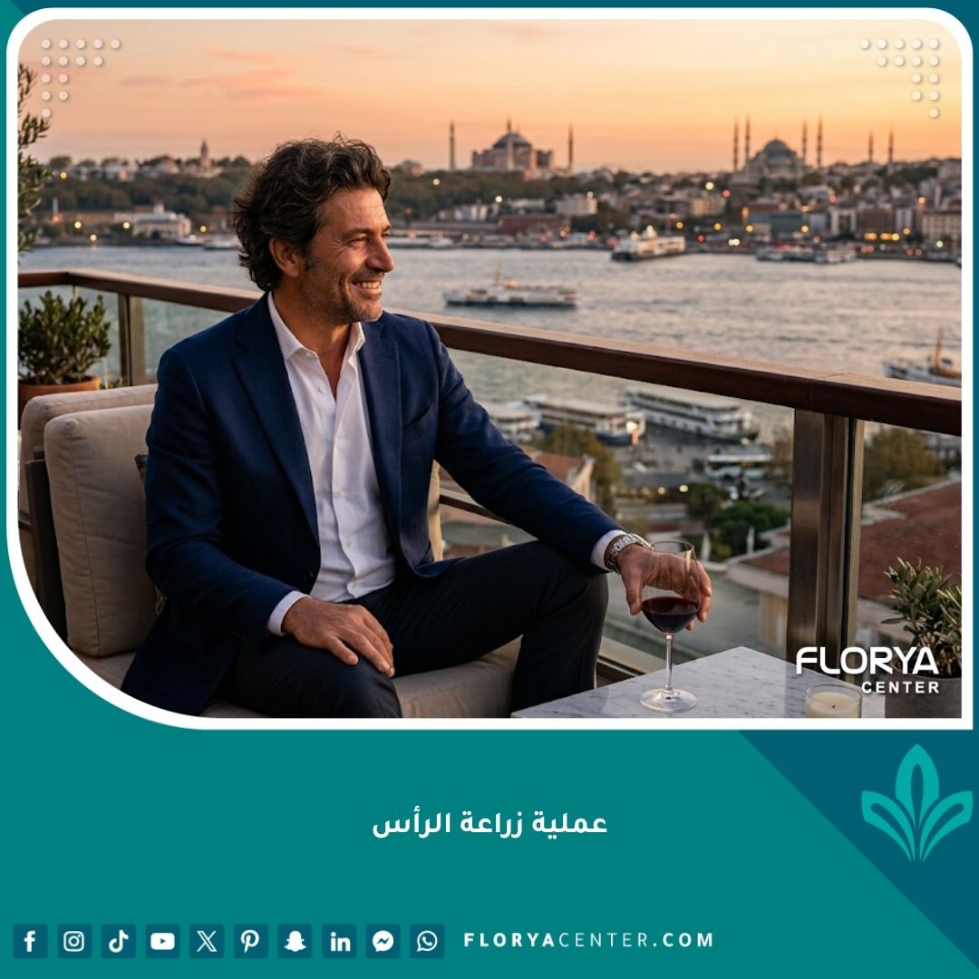 رجل واثق بنتائج زراعة الشعر الكاملة في إسطنبول، يطل على مضيق البوسفور والآيا صوفيا وقت الغروب. تجربة ناجحة لزراعة الشعر في تركيا.