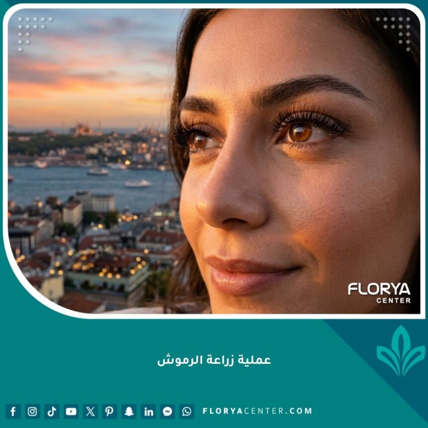 عيون جذابة وواثقة مع رموش طويلة وكثيفة ومظهر طبيعي بعد عملية زراعة الرموش الناجحة، مع خلفية ضبابية لمدينة اسطنبول عند الغروب.