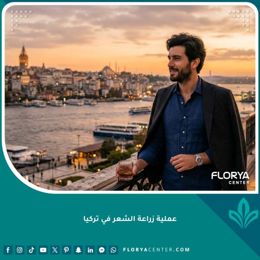 رجل واثق بنتائج عملية زراعة الشعر في تركيا أمام مضيق البوسفور في إسطنبول، يُظهر شعرًا طبيعيًا وكثيفًا بعد العملية.