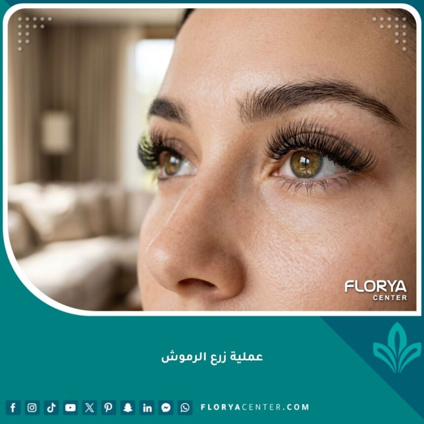 نتيجة عملية زرع الرموش الناجحة: عيون امرأة برموش طبيعية طويلة وكثيفة تمنحها مظهراً جذاباً ودائماً بدلاً من الرموش الصناعية المؤقتة.