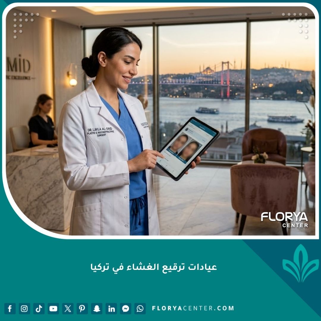 طبيبة متخصصة في عيادة ترقيع الغشاء في تركيا تقف في مقبلة فاخرة وتطل على اسطنبول، ترمز للثقة والاحترافية.