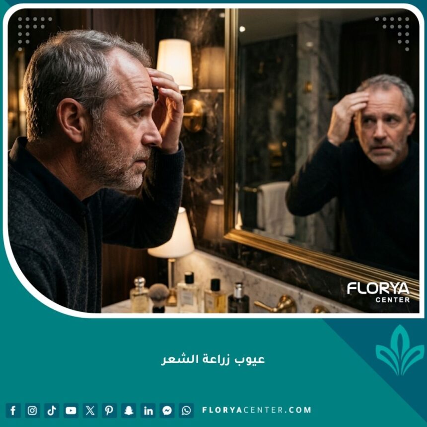 رجل يفكر بقلق في عيوب زراعة الشعر المحتملة أمام المرآة قبل اتخاذ القرار.