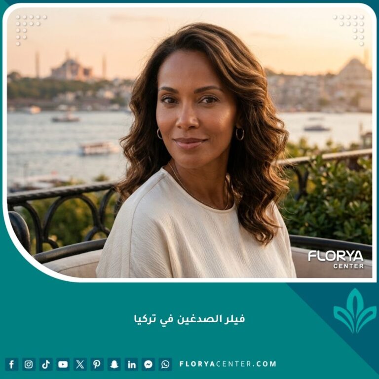 امرأة شابة وجميلة بعد إجراء فيلر الصدغين في تركيا، تظهر بنظرة منتعشة ومظهر وجه ممتلئ وطبيعي مع إطلالة على البوسفور في إسطنبول.