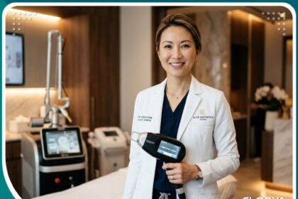 طبيبة تجميل متخصصة تحمل جهاز الليزر لإجراء عملية قص الشفرات في عيادة فاخرة.