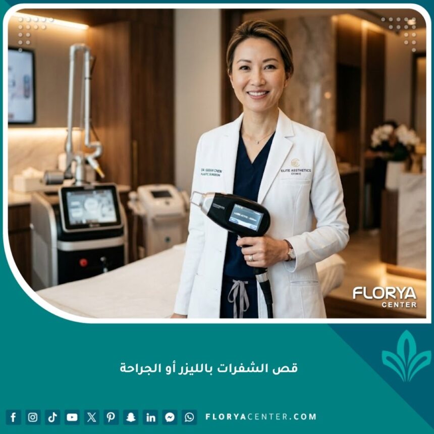 طبيبة تجميل متخصصة تحمل جهاز الليزر لإجراء عملية قص الشفرات في عيادة فاخرة.