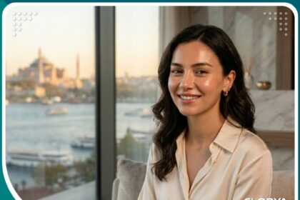 امرأة شابة سعيدة ببشرة صافية وخالية من حب الشباب بعد علاج ليزر إيروليز (Aerolase) في تركيا مع إطلالة على البوسفور.