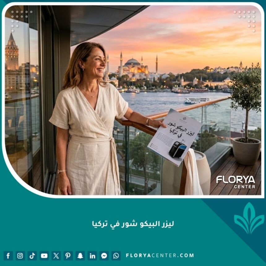 سيدة مبتسمة ذات بشرة مثالية بعد علاج الكلف بليزر البيكو شور في عيادة بتركيا.