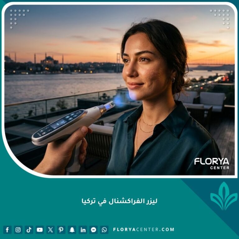 صورة سينمائية تظهر امرأة واثقة ذات بشرة ناعمة ومتألقة بعد علاج الفراكشنال ليزر في تركيا، تطل على البوسفور في إسطنبول. ليزر الفراكشنال لندبات حب الشباب في تركيا.