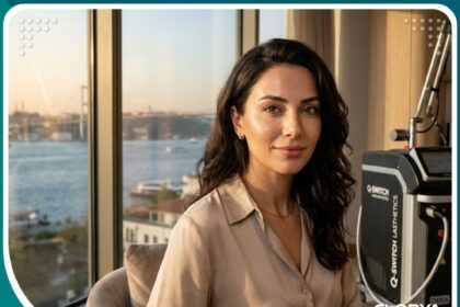 امرأة ذات بشرة نضرة وخالية من العيوب بعد جلسة ليزر كيو-سويتش في عيادة تجميل في تركيا مطلة على البوسفور.