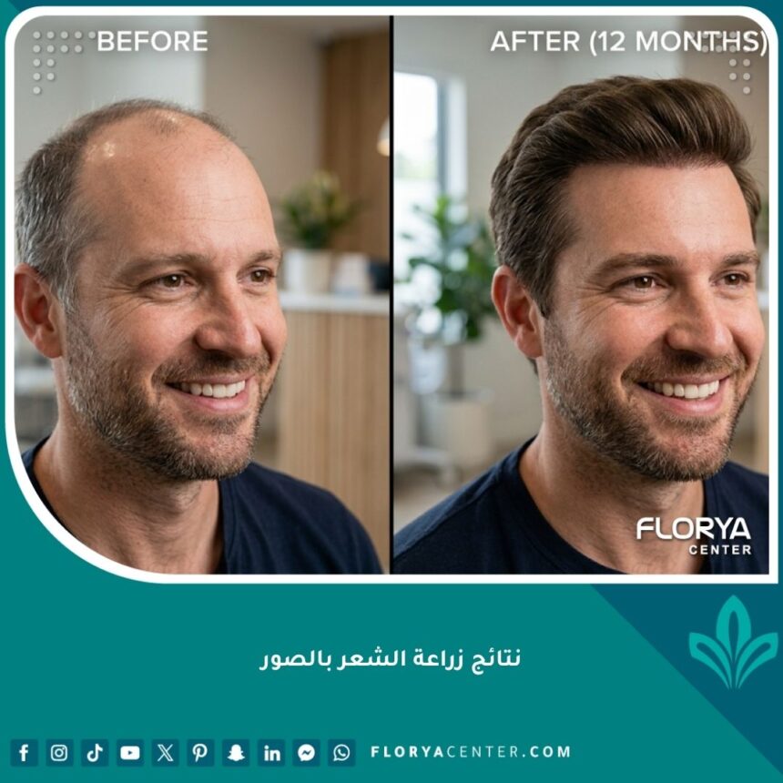 صورة بارزة تقارن بين قبل وبعد زراعة الشعر لرجل، تظهر كثافة طبيعية ونجاح العملية.
