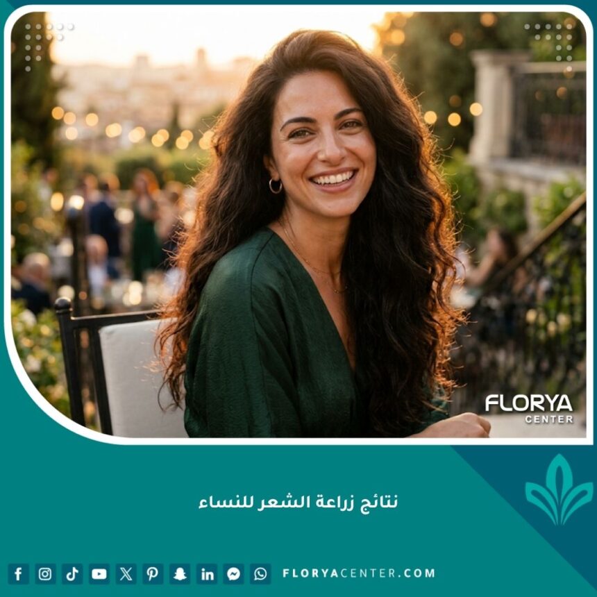 امرأة سعيدة وواثقة تظهر نتائج زراعة الشعر الطبيعية والكثيفة للنساء.