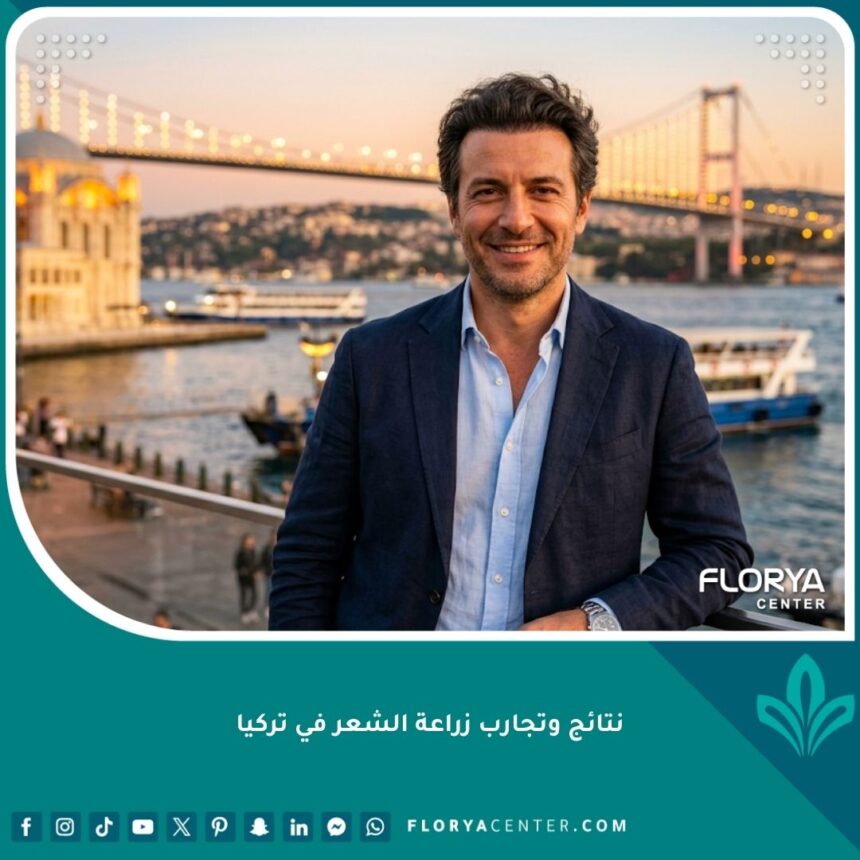 صورة مميزة لرجل واثق من نفسه بنتائج زراعة الشعر الناجحة في تركيا مع خلفية بانورامية لمضيق البوسفور وإسطنبول.