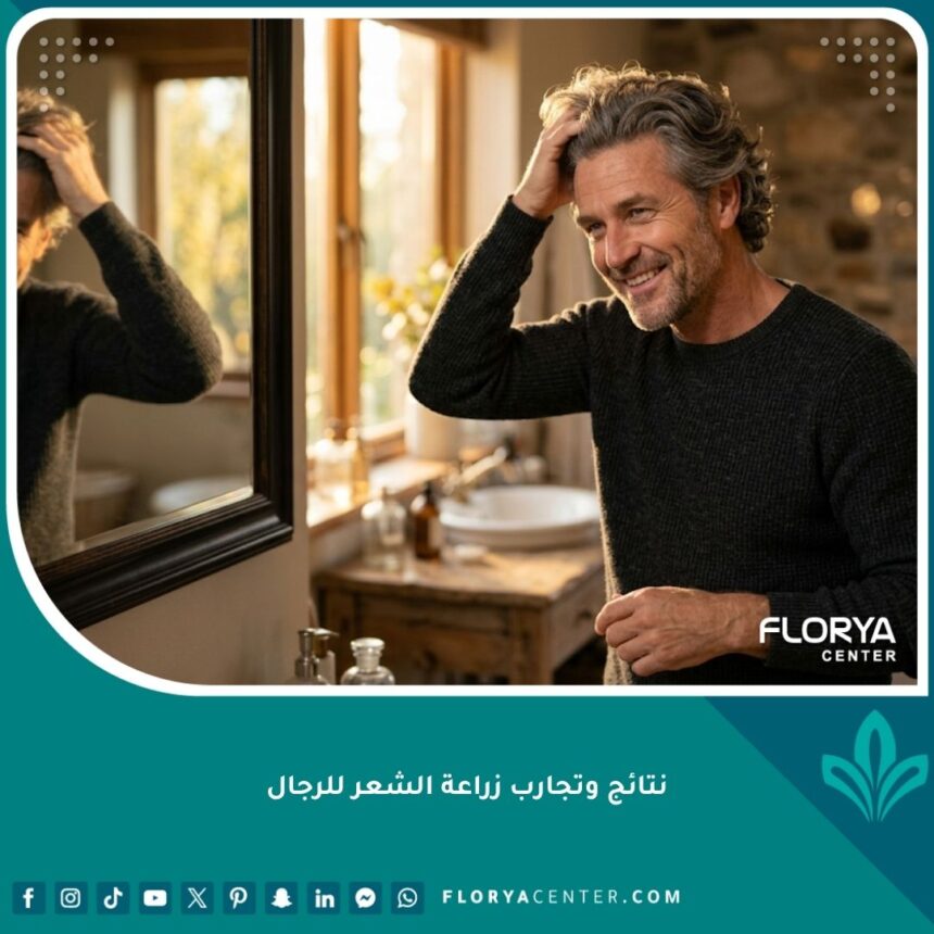 رجل واثق من نفسه يبتسم ويلمس شعره الكثيف والناجح بعد عملية زراعة الشعر، يمثل تجربة ناجحة.