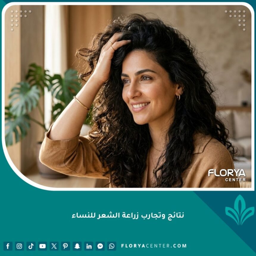 امرأة سعيدة وواثقة تلمس شعرها الكثيف بعد نجاح عملية زراعة الشعر للنساء، تظهر نتائج طبيعية ومبهرة.