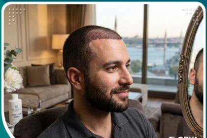 رجل ينظر في المرأة بعد عملية زراعة الشعر في اسطنبول مع ظهور خط الشعر المزروع وضمادة خفيفة.