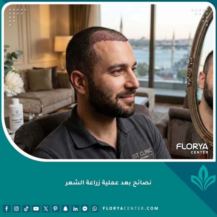 رجل ينظر في المرأة بعد عملية زراعة الشعر في اسطنبول مع ظهور خط الشعر المزروع وضمادة خفيفة.