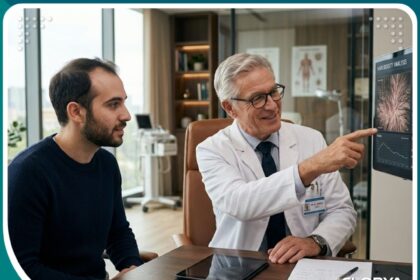 طبيب مختص يشرح أضرار زراعة الشعر المحتملة وكيفية تجنبها للمريض في عيادة حديثة.