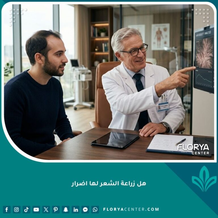 طبيب مختص يشرح أضرار زراعة الشعر المحتملة وكيفية تجنبها للمريض في عيادة حديثة.
