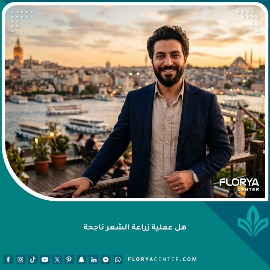 رجل واثق ذو شعر كثيف وطبيعي بعد عملية زراعة شعر ناجحة، يطل على مضيق البوسفور في إسطنبول وقت الغروب.