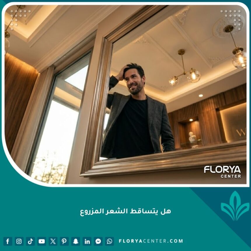 رجل ينظر بثقة في المرآة بعد نجاح عملية زراعة الشعر وظهور النتائج النهائية الكثيفة، مما يبدد القلق حول تساقط الشعر المزروع.