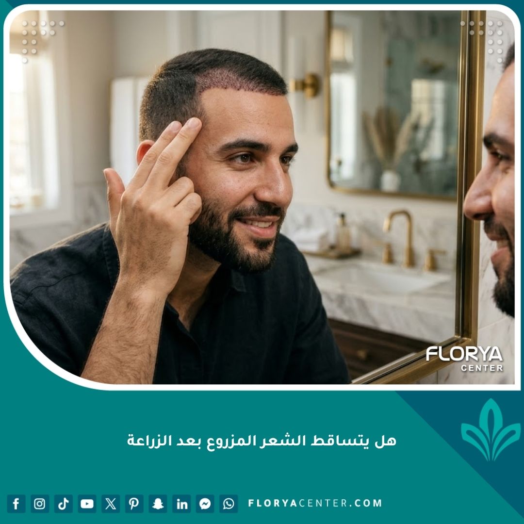 رجل ينظر في المرآة ويتحسس خط الشعر المزروع حديثاً باطمئنان، موضحاً بداية تماثل الشفاء بعد عملية زراعة الشعر.