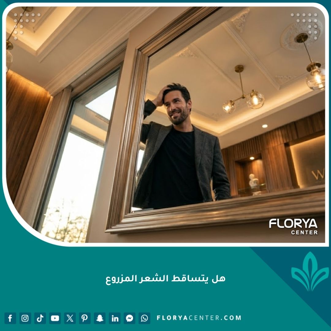 رجل ينظر بثقة في المرآة بعد نجاح عملية زراعة الشعر وظهور النتائج النهائية الكثيفة، مما يبدد القلق حول تساقط الشعر المزروع.