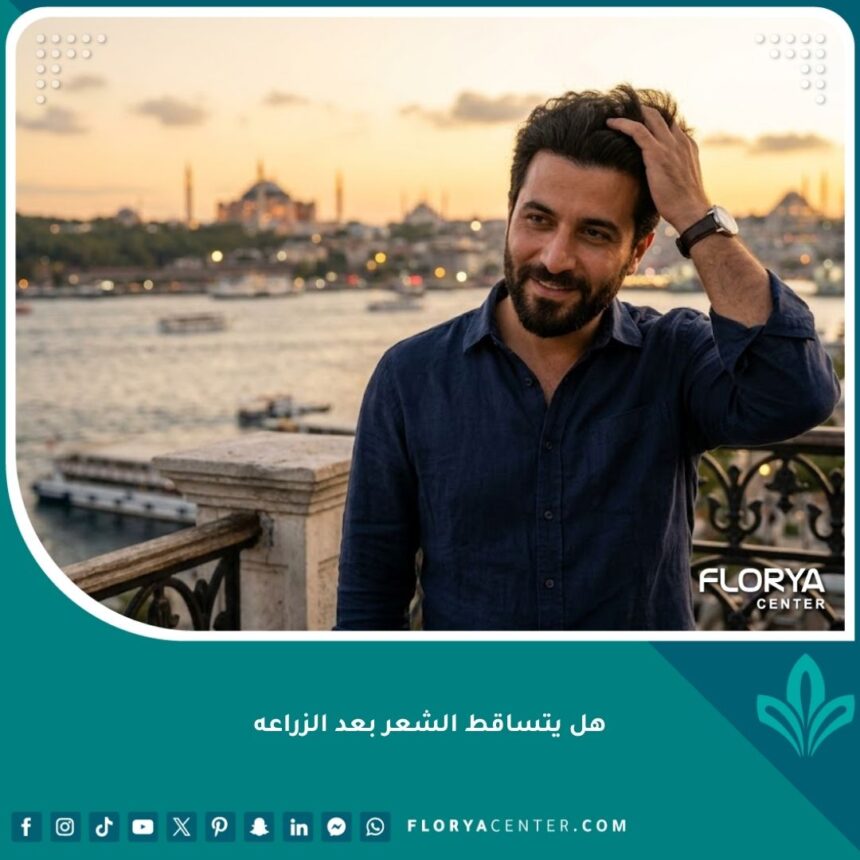 رجل واثق يلمس شعره المزروع حديثاً في اسطنبول بعد عملية زراعة الشعر بنجاح.