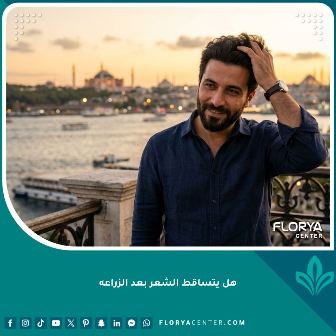 رجل واثق يلمس شعره المزروع حديثاً في اسطنبول بعد عملية زراعة الشعر بنجاح.