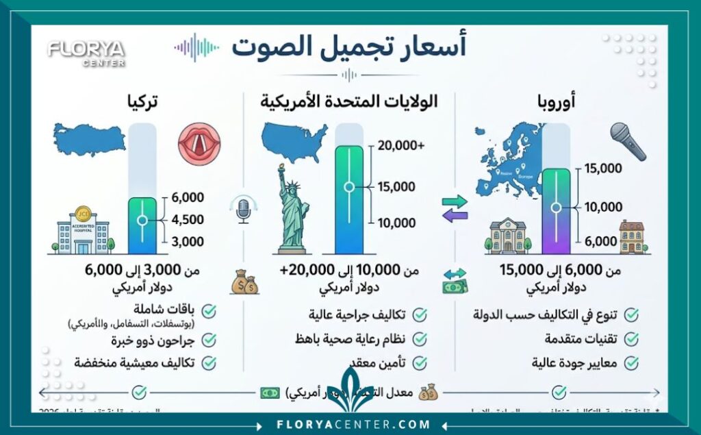 إنفوجرافيك لمقارنة تكلفة عملية تجميل الصوت في تركيا مع الدول الأوروبية وأمريكا.
