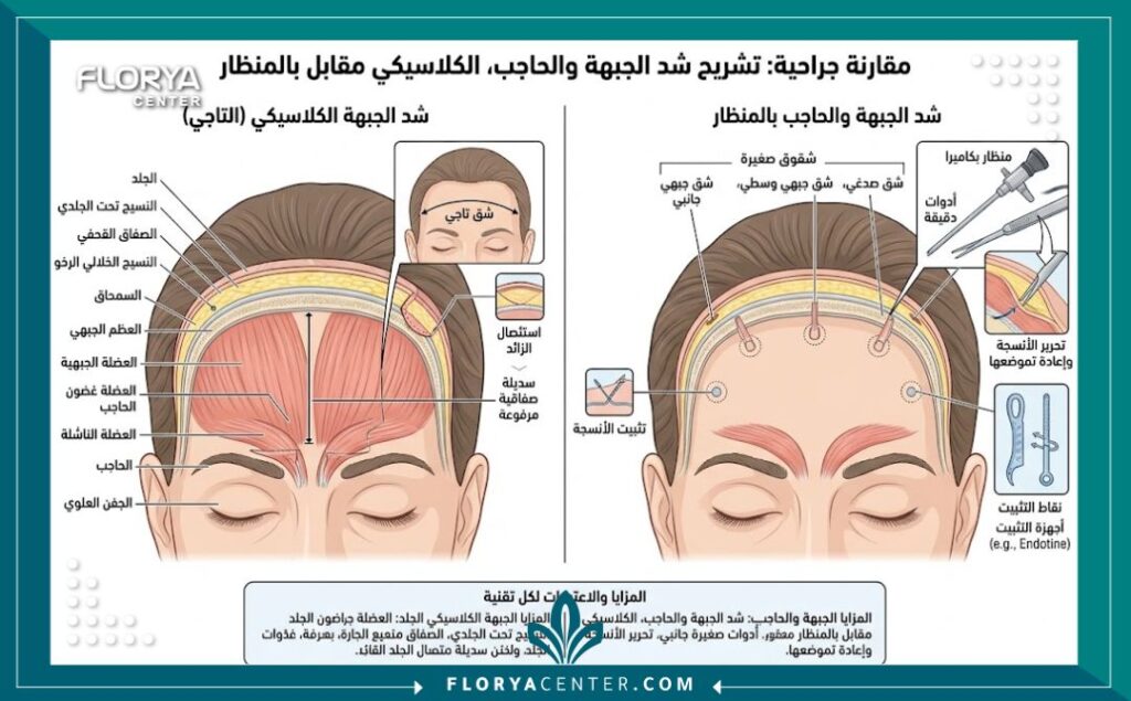 رسم طبي توضيحي يشرح تشريح عضلات الوجه العلوي وأماكن الشقوق الجراحية في عملية شد الجبهة الكلاسيكية وبالمنظار.