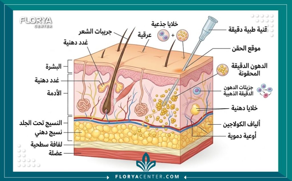 أسعار حقن الدهون المجهرية للوجه في تركيا 2 رسم توضيحي طبي يبين آلية النقل الدقيق للدهون الذاتية مع الخلايا الجذعية لشد الوجه وتجديد شباب البشرة.