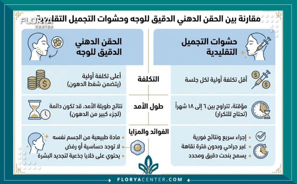 أسعار حقن الدهون المجهرية للوجه في تركيا 3 إنفوجرافيك يقارن بين أسعار حقن الدهون المجهرية الدائمة للوجه في تركيا وتكلفة الفيلر المؤقت ومميزات كل منهما.