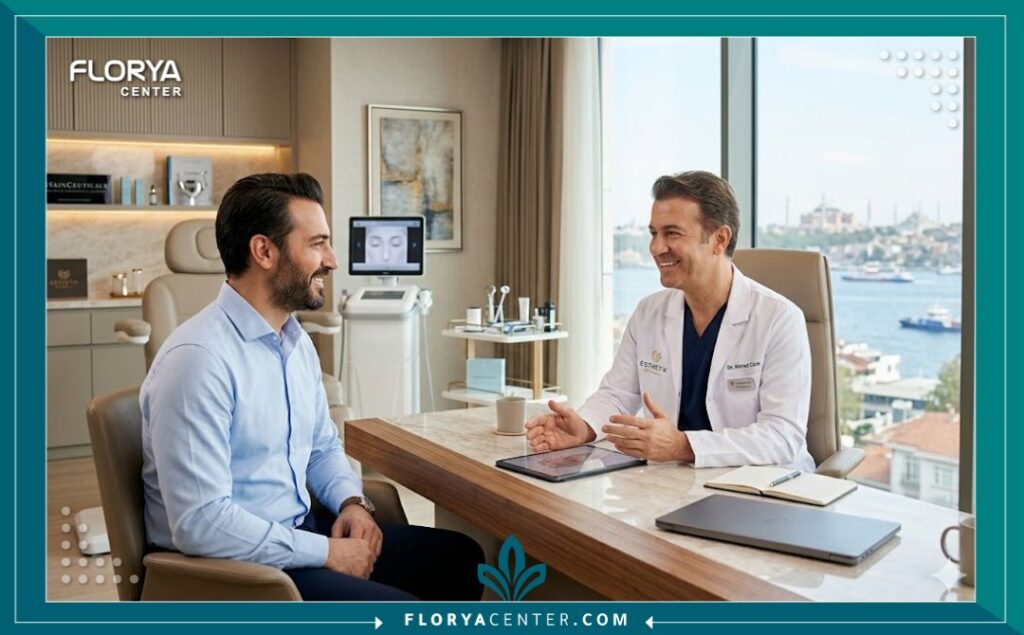 استشارة طبية احترافية بين طبيب جراح ومريض داخل عيادة تجميل فخمة في إسطنبول لتحديد خطة وتكلفة تجميل الوجه للرجال.