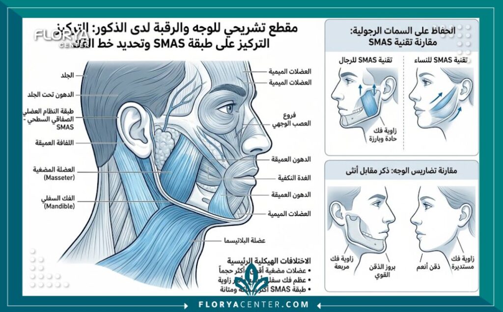 رسم توضيحي طبي دقيق لطبقات تشريح الوجه والفكين يوضح تقنيات شد الوجه للرجال مع الحفاظ على السمات الذكورية الصارمة.